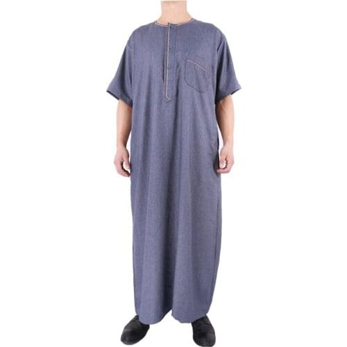Muslim Thobe round Neck Short Sleeve Cotton and Linen Two-Piece Suit Robe with Pants