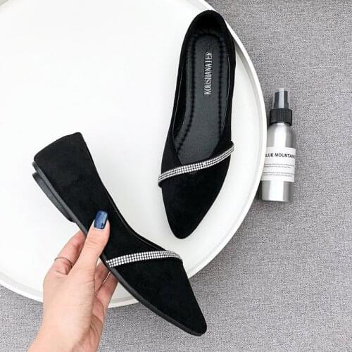 Rimocy Spring Autumn Women Flats Rhinestone Strap Slip on Ballet Shoes Female Solid Black Pointed Toe Boat Shoes Woman Loafers