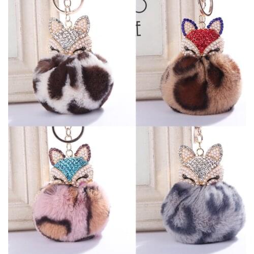 Women Cute Fox Pompoms Keychain Fluffy Rhinestone Handbag Car Keyring Cute Pendant Charm Soft Fur Ball Key Ring Girls Gift