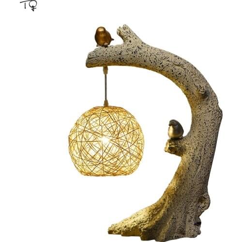 Chinese Retro Zen Art Resin Decorative Table Lamp Led Bird Light Pastoral Living Room Bedroom Bedside Study Studio Tea Room Cafe