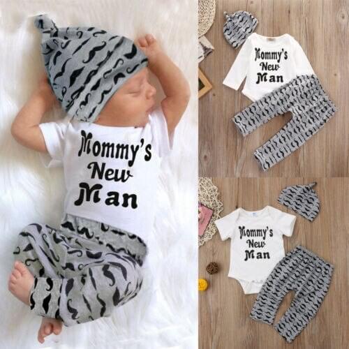3Pcs Newborn Baby Boy Romper Tops +Long Pants Hat Outfits Clothes 0-18M