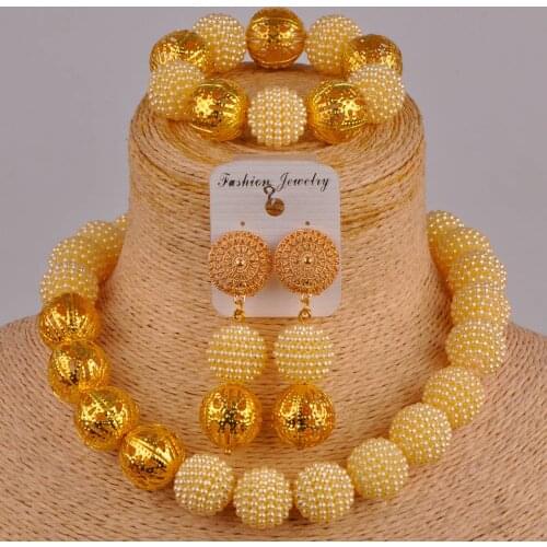 Costume jewellry beige african jewelry set simulated pearl nigerian wedding necklace gold bridal jewelry sets FZZ89