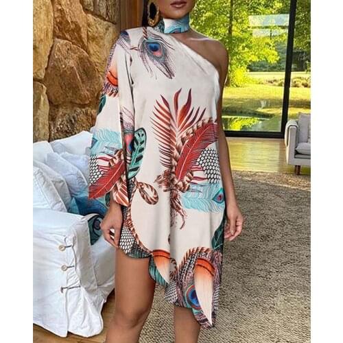 Summer Dress Women Printed Leopard Diagonal Hem Sling Casual Long Single Sleevele Elegant Vestidos Sexy Off-the-Shoulder Fashion