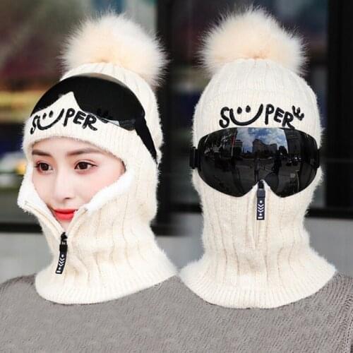 Fashion Windproof Glasses Women Knitting Hat Cap Beanie Scarf With Goggle Warm For Winter Outdoor Cycling Casual Hat For Girls