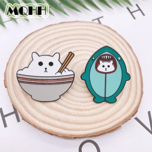 Cartoon Fun Animal Cat Shark Eating Bowl Enamel Brooch Pin Alloy Badge Clothes Bags Accessories Jewelry Gift For Friends