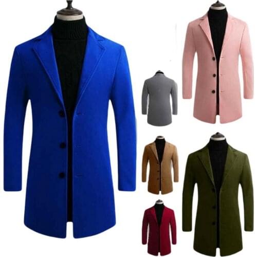 Fashion Mens Wool Coat Winter Warm Solid Color Long Trench Jacket Male Single Breasted Business Casual Overcoat Ten Colors