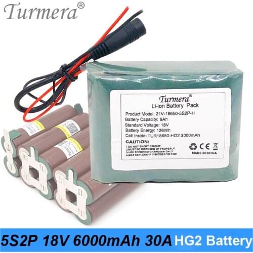 Turmera 18V 21V 6000mAh Reachargeable Lithium Battery Pack TUR18650HG2 3000mAh 30A Battery Cell with 5S 18V BMS for Screwdriver
