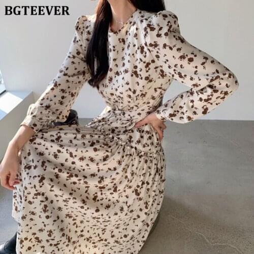 BGTEEVER Fashion Chic O-neck Floral Midi Women Dress 2021 Autumn Ladies Vestidos Full Sleeve Lace Up Ruffles Female A-line Dress