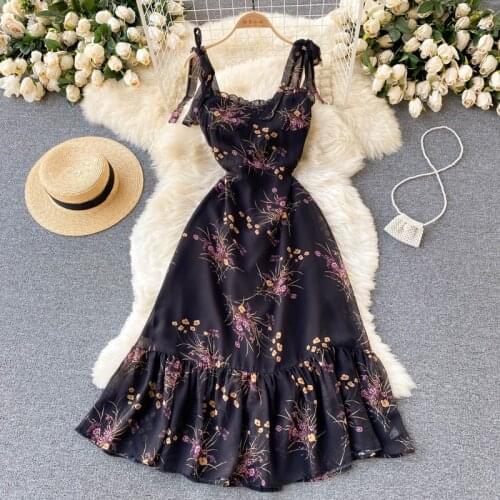 Chiffon Dress for Women Vintage Floral Print Midi Party Dress Bowtied Spaghetti Strap Sleeveless High Waist Beach Holiday Dress