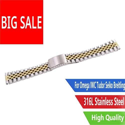 CARLYWET 20mm Middle Gold Replacement 316L Stainless Steel Wrist Watch Band Strap Bracelet For Omega IWC Tudor Seiko Breitling