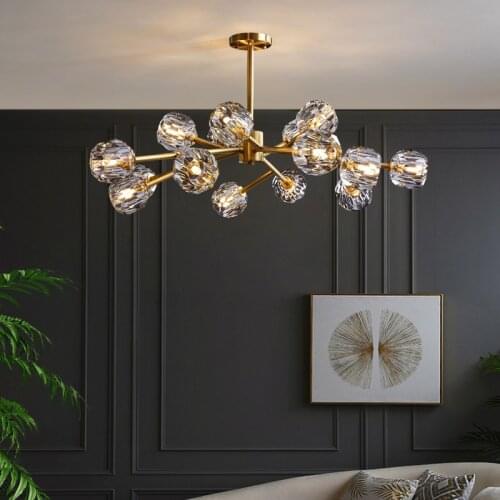 Nordic Luxury ALL Copper Crystal Chandelier Lighting American Vintage Chandelier Dining Room Lustre Molecular Home Hanging Lamps