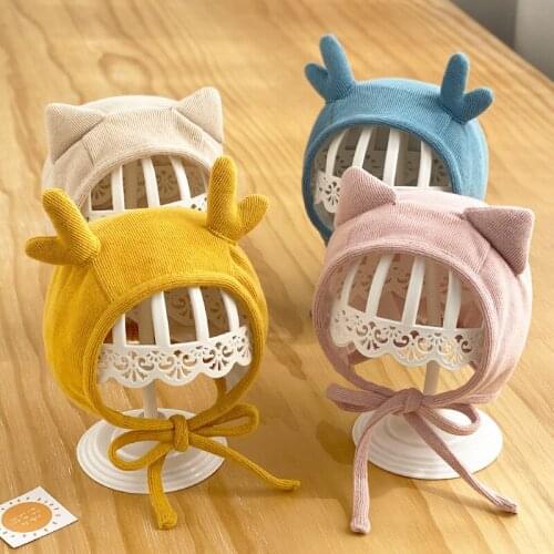 Cute Elk Antlers Baby Hat Cartoon Cat Ear Baby Boy Girl Cap Ear Protection Hats Solid Color Kids Children Beanie bonnet