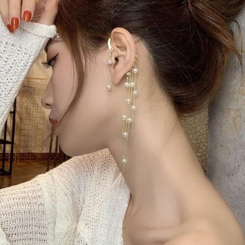 Korean White/colorful Pearl tassel earrings temperament goddess earrings long retro Hong Kong single ear hanging ear clip Jewelr