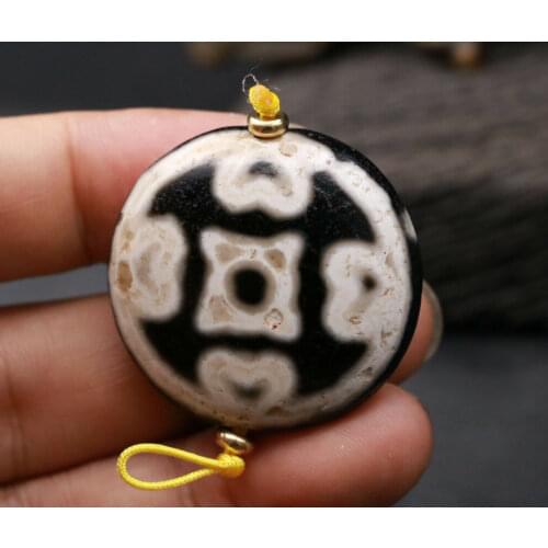 Treasure Magic LKbrother Energy Tibetan Old Agate Lotus base Symbol bi disc dZi Bead pendant