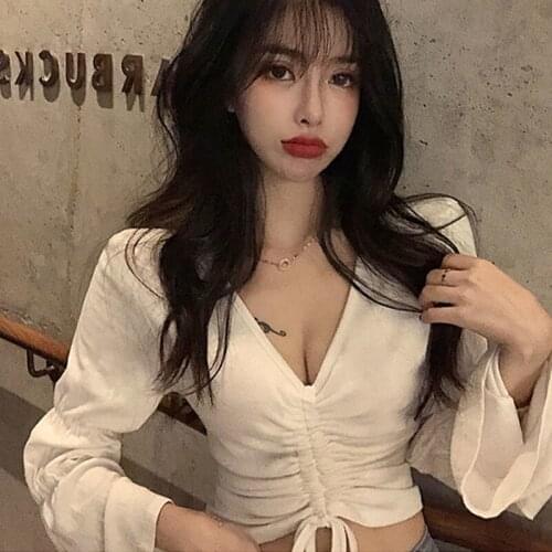 V-neck Blouse Women Short Drawstring Long Sleeve Navel Exposed T-shirt Spring And Autumn Sexy Low Chest Slim Fit Inside T Shirt