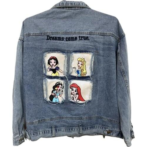 Street Style Women Denim Jacket Coat Patch Designs Hand Painted Print Frayed Hole Jeans Outwear Casual Loose Cowboy Outerwear