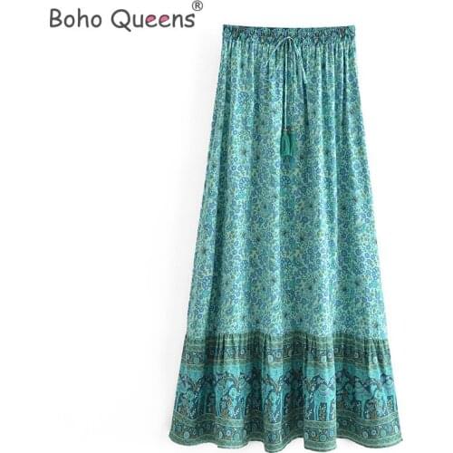 Boho Queens Hippie women Bohemian animal floral print beach skirt High Elastic Waist Maxi Long A-Line Boho Skirt Femme