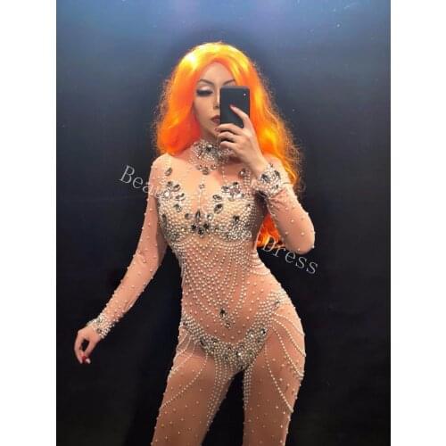 Women Singer Dance Costume Sparkly Rhinestones Sexy Bodysuit Stretch Crystals Jumpsuit Female Celebrate Festival Outfit DJ Wear