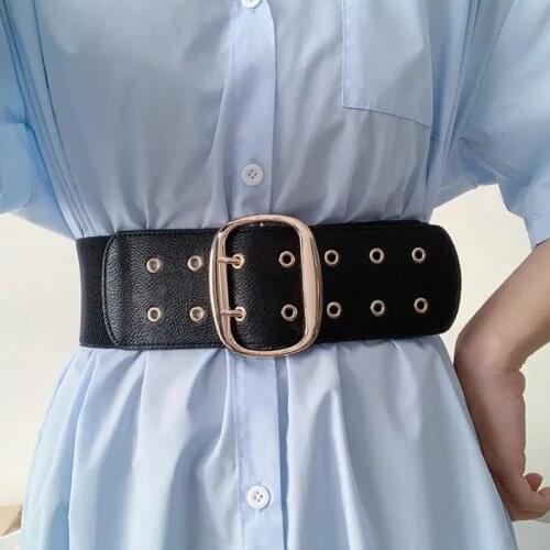 Fashion Women Elasticity PU Leather Belt Double Pin Gold Buckle Strap Punk All-Match Overcoat Dresses Accessories Waistband