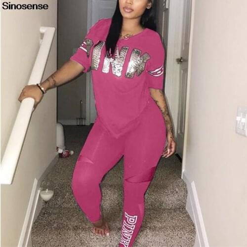Women Fitness Sporting Two Pieces Set 2020 Letter Print Bodycon 2 Piece Pink Club Outfits Plus Size Sets Casual Tracksuit