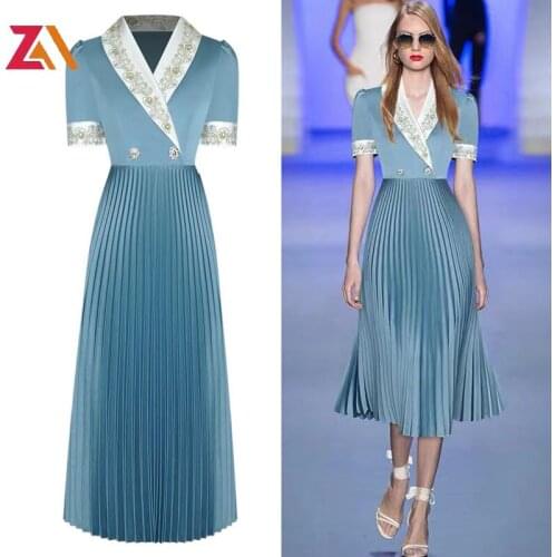 ZALady designer runway office work OL plus size dress woman summer short sleeve elegant Embroidery beading Pleated dresses femme