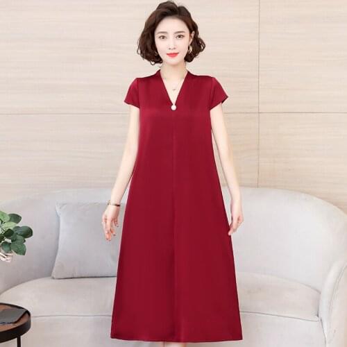 Women Summer Vintage Dress Casual Solid Color Fashion Loose Mid-Calf Party Dress Elegant V-Neck A-Line Sundress Plus Size 4XL
