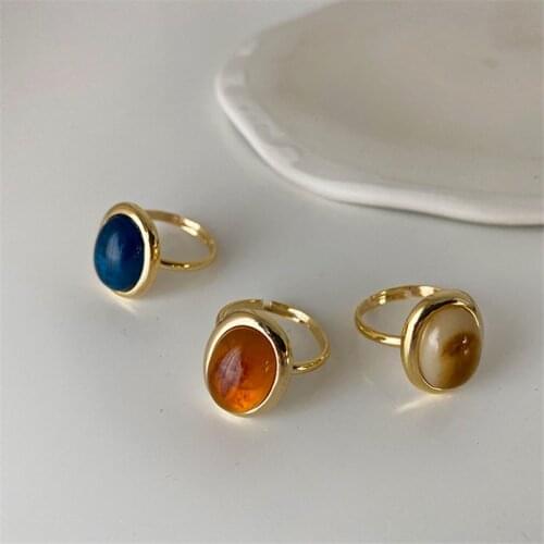 AOMU New French Vintage Beige Blue Resin Metal Oval Ring Simple Irregular Geometric Adjustable Open Ring for Women Gifts Jewelry