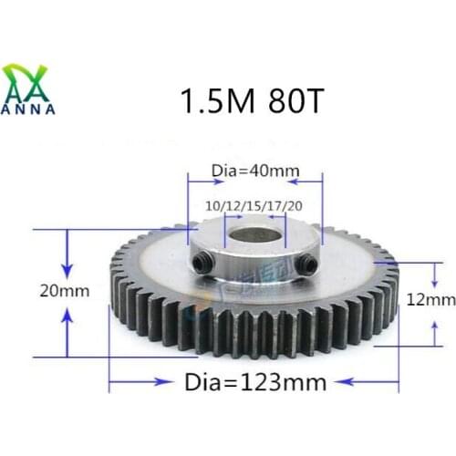 1.5M 80T 1.5 mod gear rack 80teeth width 12mm quenched Spur Gear pinion bore 10-20mm spur gear precision 45steel cnc pinion