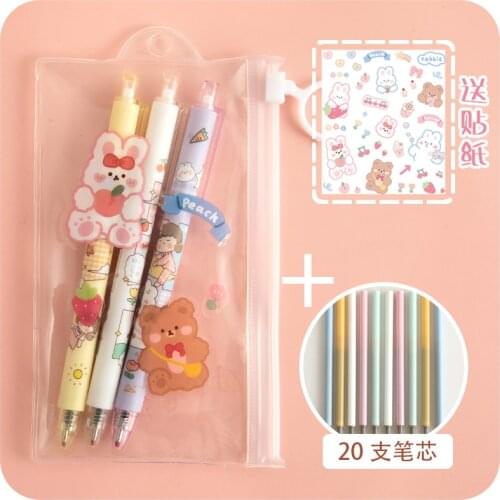 Cute rice grains 3 packs [20 refills and storage bag plus stickers] push pen student girl cartoon gel pen