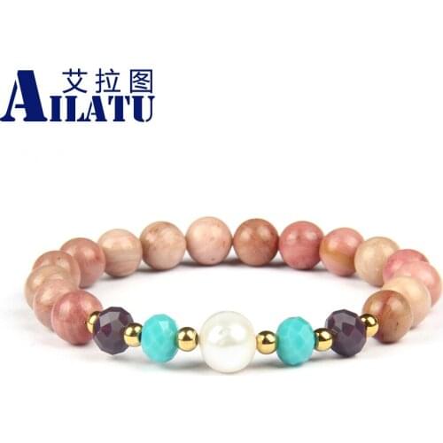 Ailatu Wholesale 10pcs/lot Natural Fresh Water Pearl Beads Ladies Fashion Hand-Woven Bracelet with Pink Veins Stone