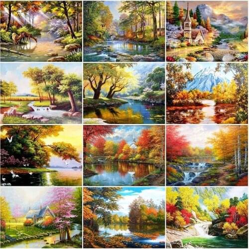 Full Drill 5D Diy Diamond Painting Tree River Diamond Embroidery Autumn Landscape Cross Stitch Mosaic Handmade Gift Home Decor