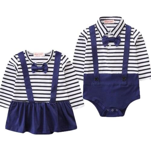 Newborn Baby Girls Boys Sister Brother Matching Bodysuit Bodysuit Dress Little Sailor Blue Stripe Shirt Dress Twins Outfit Set