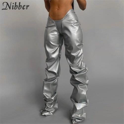 Nibber Folds Shiny Solid Faux PU Leather Pants Women Hipster High Street Irregular Shape Clothing Low Waist Female Streetwear