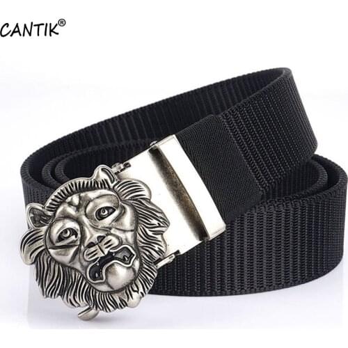 CANTIK Unique Design Lion Head Automatic Buckle Canvas Belt Quality Nylon Material Belts Men Accessories Freeshipping CBCA305