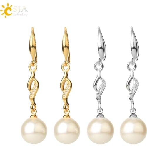 CSJA Imitation White Pearl Long Drop Earrings for Lady CZ Rhinestone Crystal Fashion Dangle Earrings Party Wedding Jewelry S715
