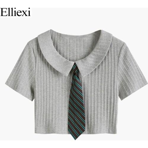 Elliexi Polo Tshirt Women Knited Slim Crop Tops Tie Ribbed Stripe High street Summer Knit Female Tees Femme T-Shirt 2021 New