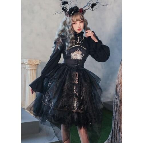 Gothic vintage sweet lolita dress lace mesh high waist printing halter victorian dress kawaii girl gothic lolita jsk loli cos