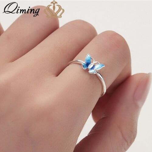 QIMING Blue Butterfly Rings Women Fashion fashion Jewelry Adjustable Finger Ring for Bride Wedding Engagement Rings