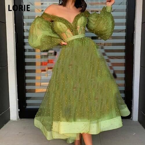LORIE Elegant Green Pearls Prom Dress 2020 A-line Ankle Length Puff Full Sleeves Formal Evening Party Dress Cocktail Dress Dubai