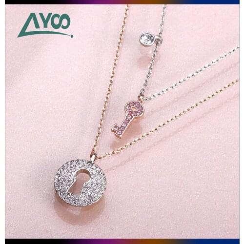 SWA Fashion Jewelry Charming Double Necklace Key Lock Two-in-One Clavicle Chain Female Romantic Pink Key Lock Necklace Female