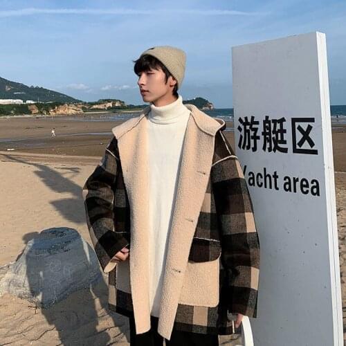 Mens Lamb Wool Coat 2020 Winter New Woman Plaid Japanese Style Jackets Streetwear Warm Coats Man Fashion Clothes