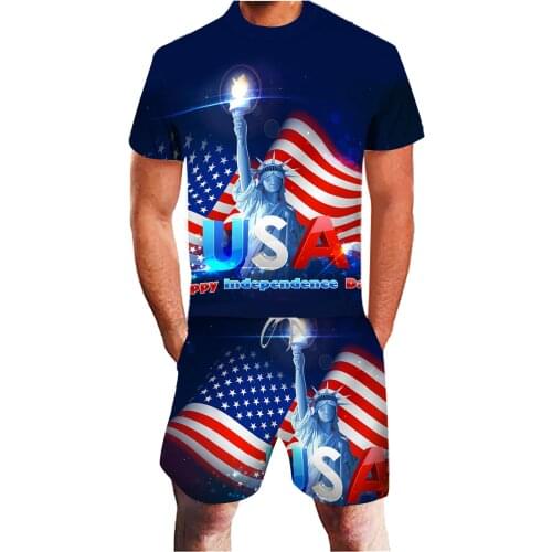 64# Casual Mens Sets Summer American Flag 3d Printing Short Sleeve Tshirt Shorts Independence Day Jogging Sports Suit Ropa