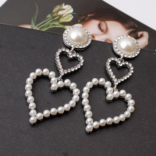 New Korean Charm Pearl Crystal Love Heart Earrings for Women Fashion Drop Earring Luxury Temperament Long Pearl Fairy Jewelry