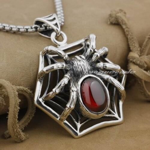 Huge & Heavy Red CZ Spider On Net 925 Sterling Silver Mens Biker Pendant 9J017