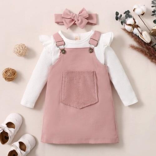 3Pcs Kids Girls Autumn Tracksuit Fashion Ribbed Long Sleeves RuffleT-Shirt+Overalls Dress+Hair Band for Toddler Girls 1-5 Years