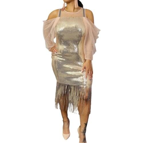Sequin Tassel Africa Clothing Long Sleeve Dress African Dresses For Women Sexy O-Neck Perspective Slim Dress Office Lady Party