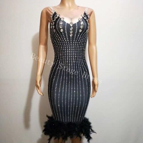 Sexy Black Feathers Stretch Evening Birthday Celebrat Dress Rhinestone Costume Prom Celebrate Nightclub Party Wear Dress