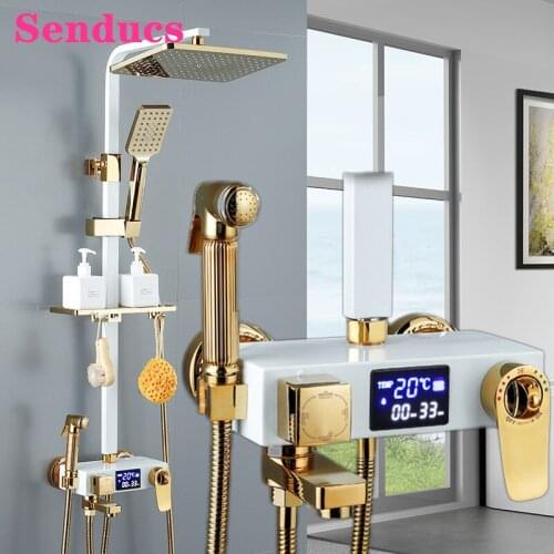 Senducs Digital Shower System Quality Brass Bathtub Mixer Tap Square Rainfall Shower Head White Gold Thermostatic Shower Set