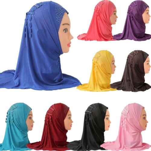 Kids Girls Islam Muslim Hat Flower Rhinestone Hijab Tassel Scarf Bonnet Shawl Headwear Cap Arab Middle East Head Wrap Cover 0-6Y