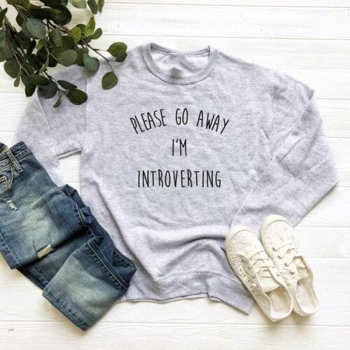 Skuggnas Please go away i'm introverting Sweatshirt funny slogan graphic Jumper long sleeve Grey sweatshirt Tumblr Clothing